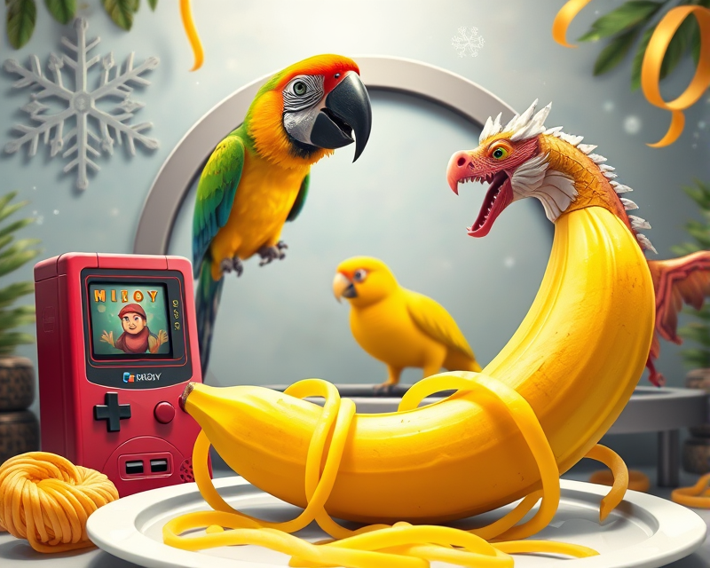 parrot, banana, slot machine, bird, snowflake, noodle, trampoline, circle, dragon, plate, gameboy